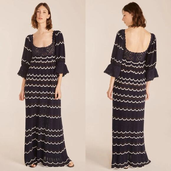 Rebecca Taylor Lace Sweater Dress 3/4 Sleeve Pointelle Knit In Marine Blue Sz L - Picture 1 of 16